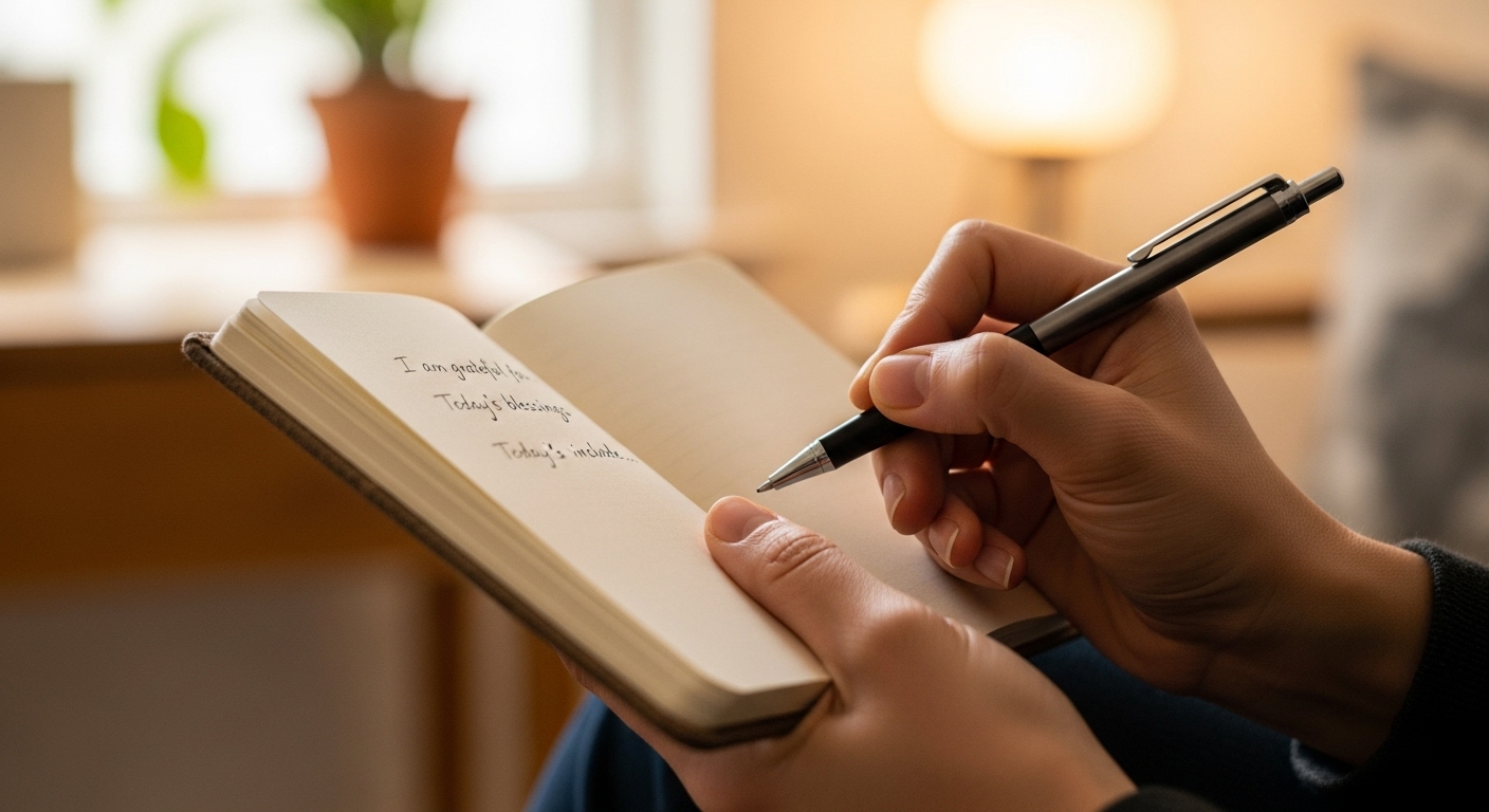 한 사람이 감사 일기를 쓰며 긍정적인 마음을 기록하는 손. 행복 증진을 위한 긍정적 마음가짐을 상징합니다.