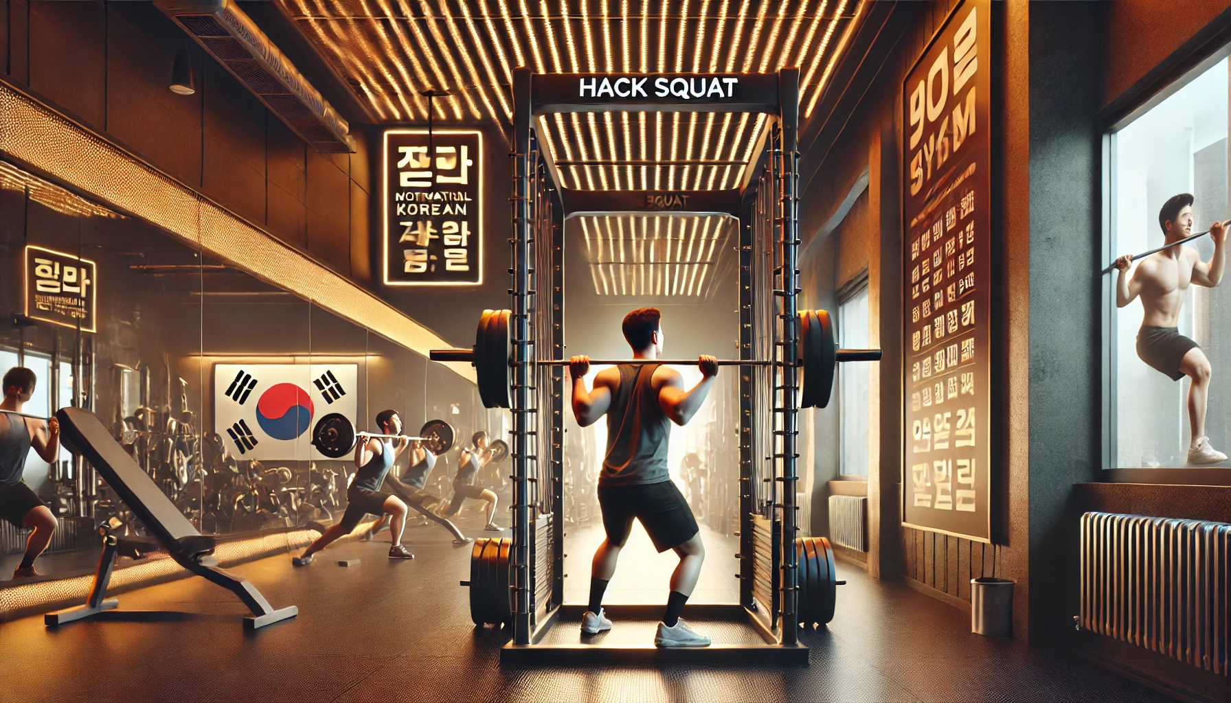 한국 스타일 헬스장에서 운동복을 입은 사람이 핵스쿼트 머신을 이용해 웨이트 트레이닝을 하는 장면. 최신식 운동 기구, 대형 거울, 그리고 한국어 동기부여 포스터가 배경에 있다.