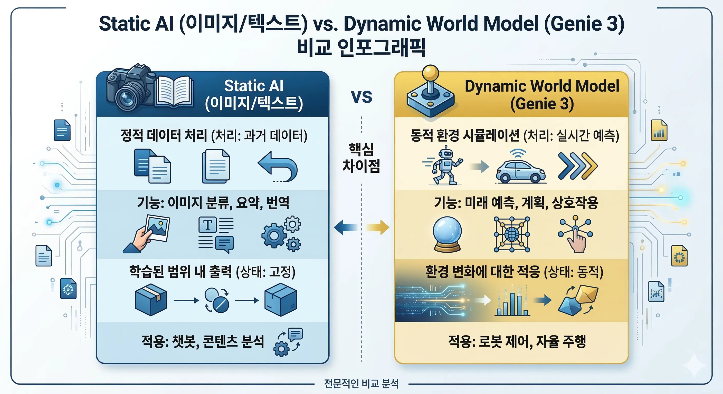 정적 AI와 Genie 3 월드 모델의 차이점을 설명하는 인포그래픽