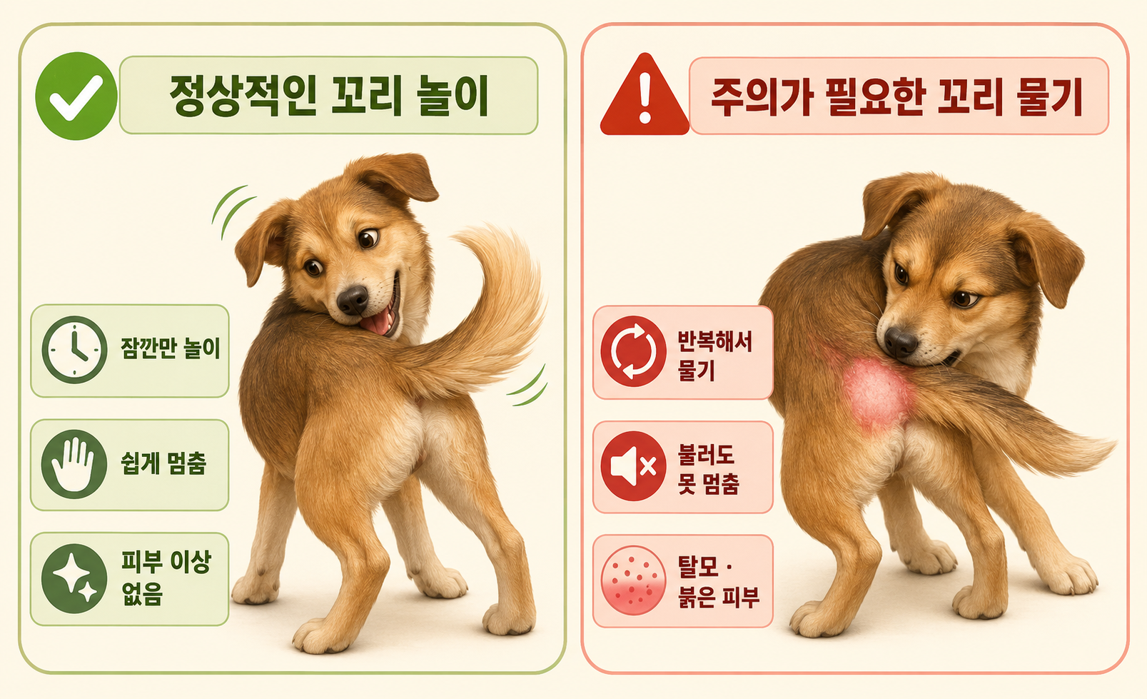 강아지 정상적인 꼬리 놀이와 반복적인 꼬리 물기 이상 행동을 비교한 이미지