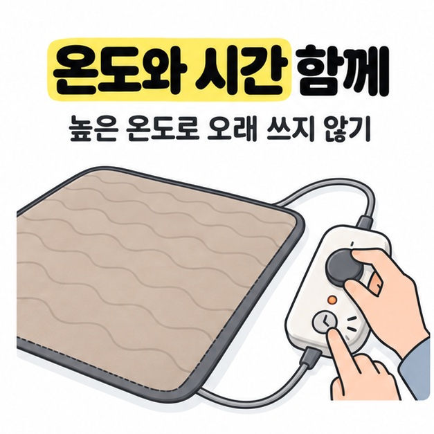 온도와 시간 함께 및 높은 온도로 오래 쓰지 않기 문구 아래에 펼쳐진 매트 옆에서 온도조절기와 타이머를 조작하는 손이 그려진 모습
