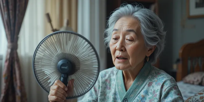 실내에서 부채질하는 노인