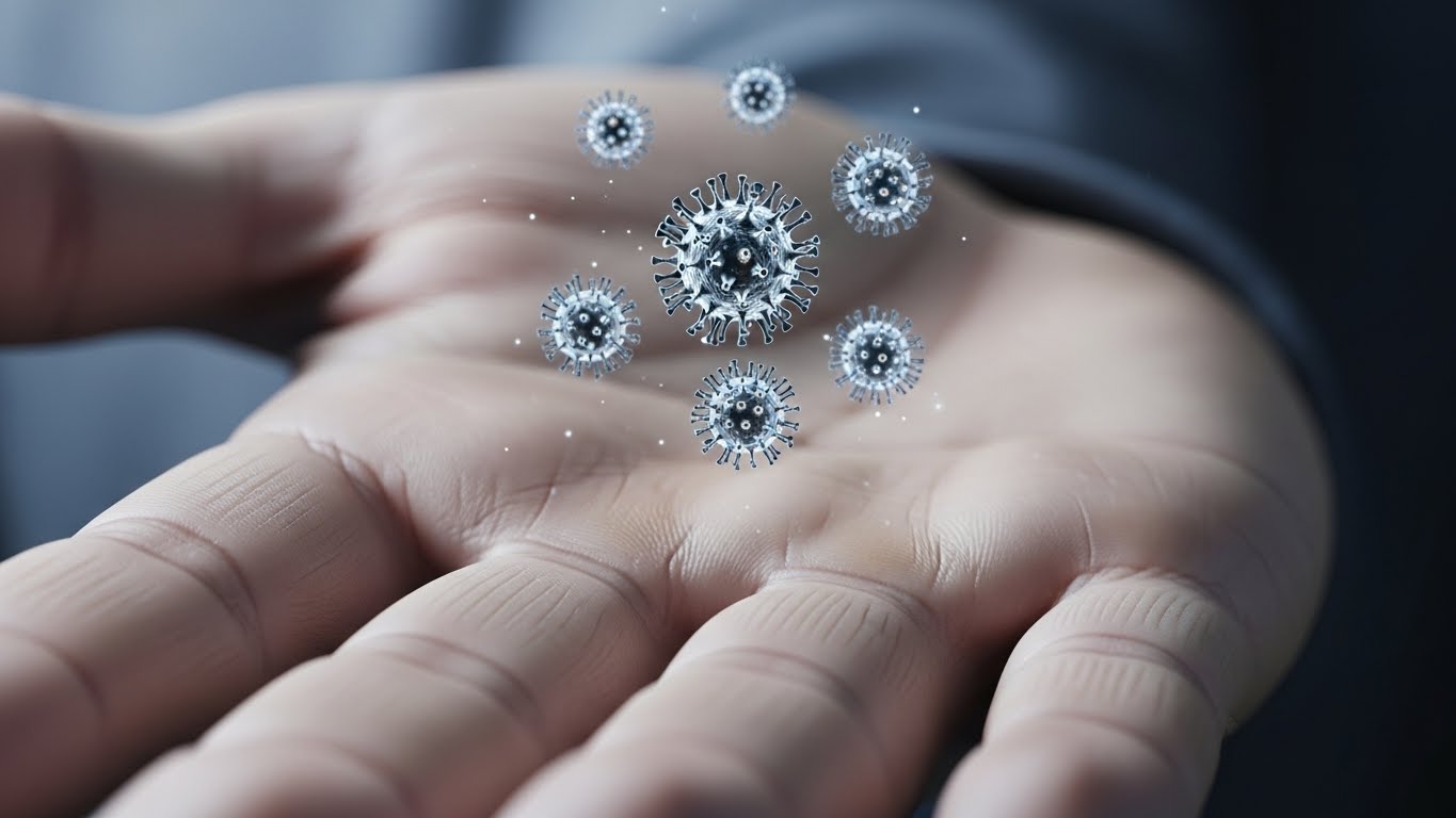 극히-적은-수의-바이러스-입자가-사람-손-표면-근처에-떠다니는-모습을-사실적으로-표현한-개념적-이미지입니다.
