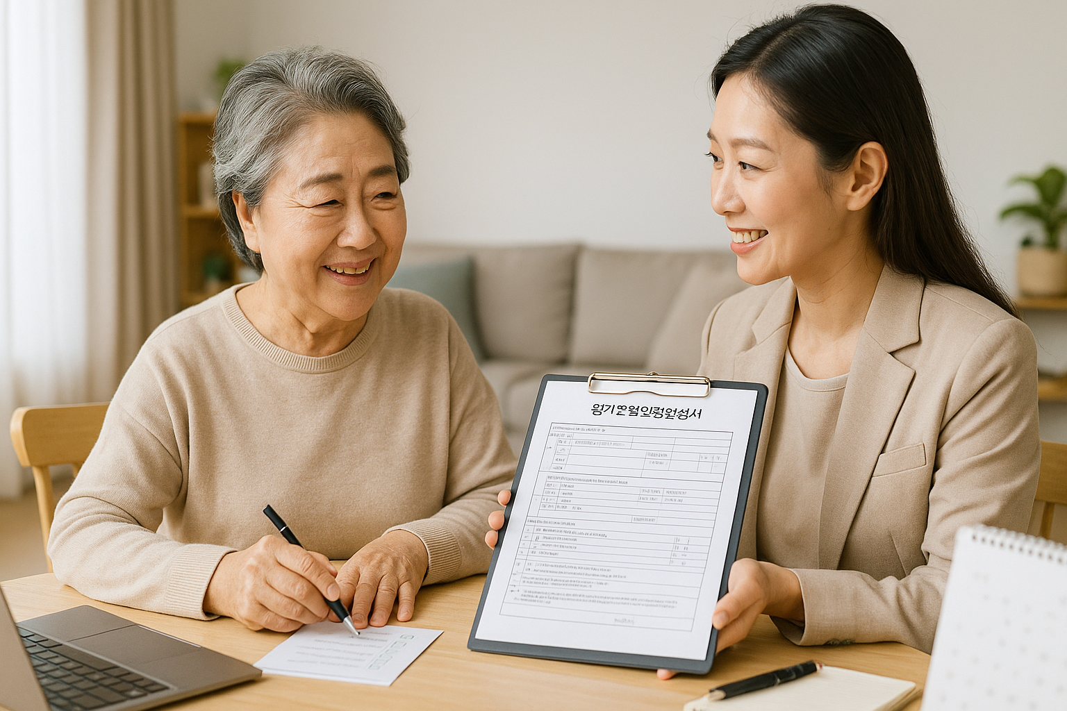 장기요양 인정등급 신청 상담: 보호자와 어르신이 표준조사·이용계획서 준비 중인 장면(실사 사진)