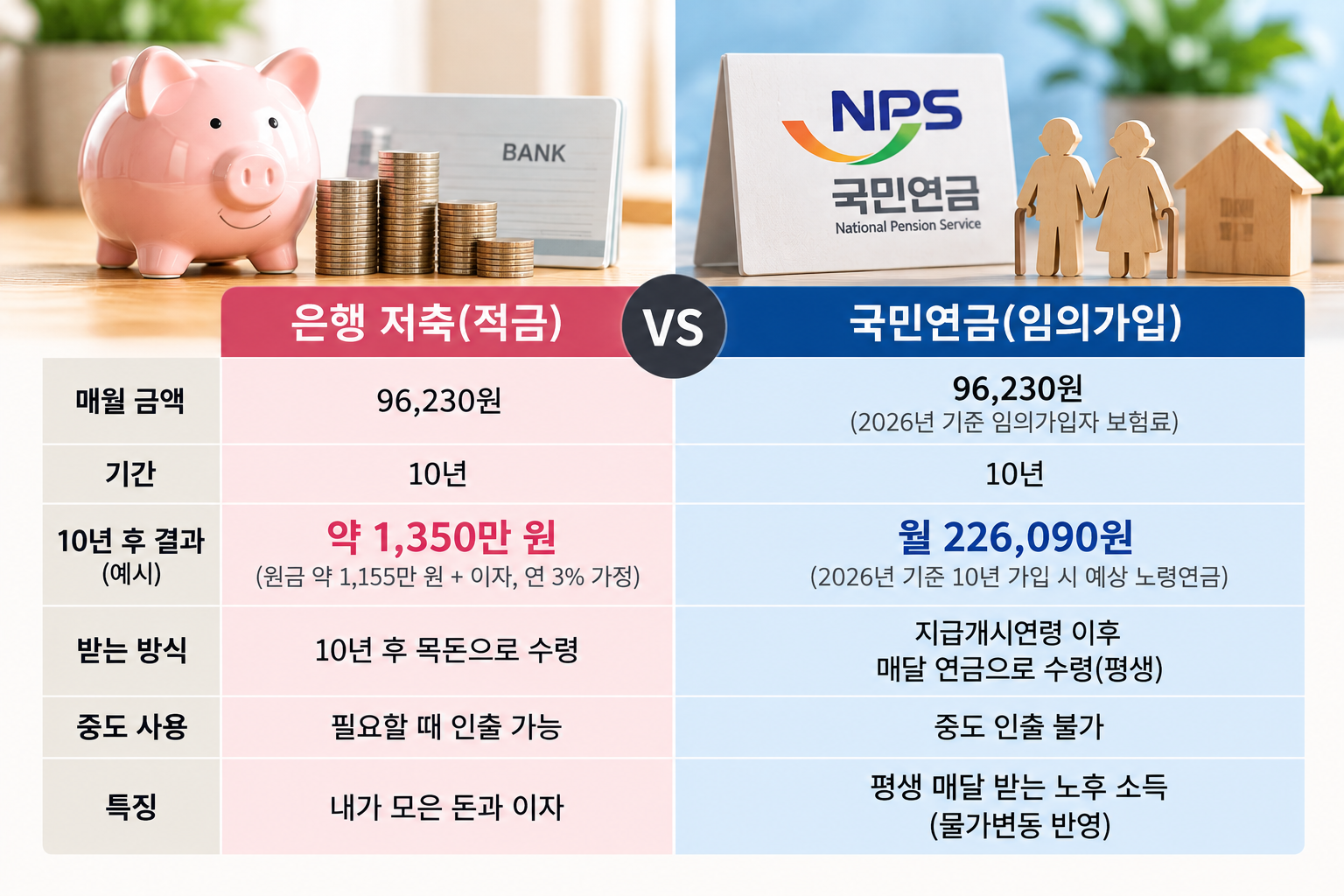 매달 같은 금액을 10년 동안 저축하는 경우와 국민연금 임의가입으로 납부하는 경우를 비교하는 AI이미지