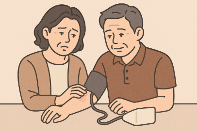 혈당체크하는 중년부부의 모습