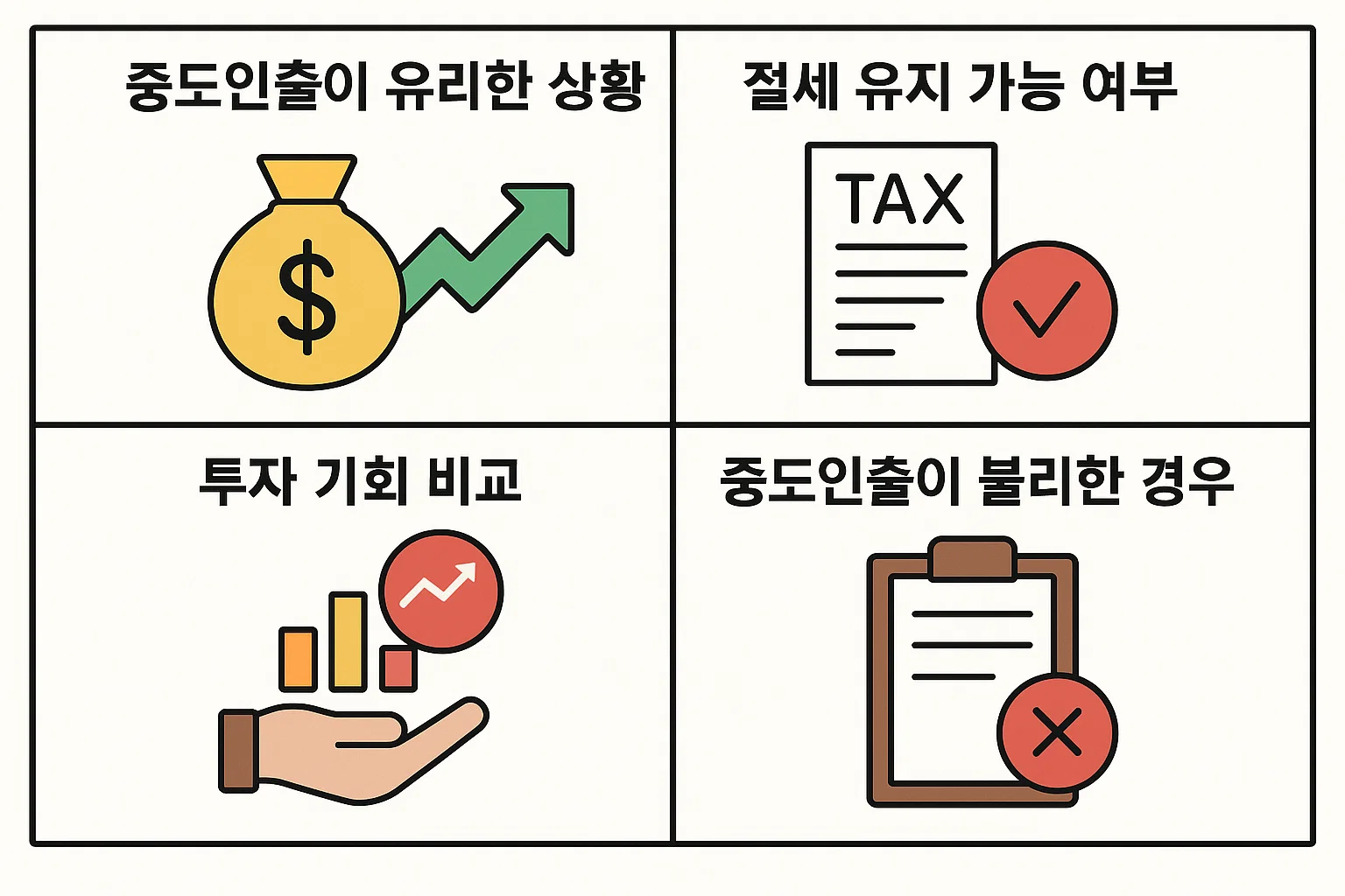 ISA 계좌 중도인출이 유리한 상황, 절세 유지 여부, 투자 기회 비교, 불리한 조건 등 판단 기준을 2025년 기준으로 정리한 종합 인포그래픽 이미지