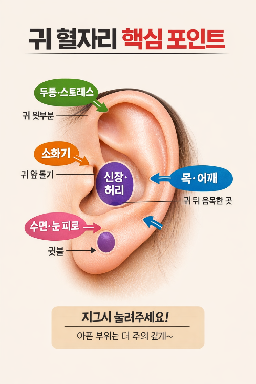 중년 여성을 위한 귀 혈자리 위치를 표시한 이혈 마사지 참고 이미지