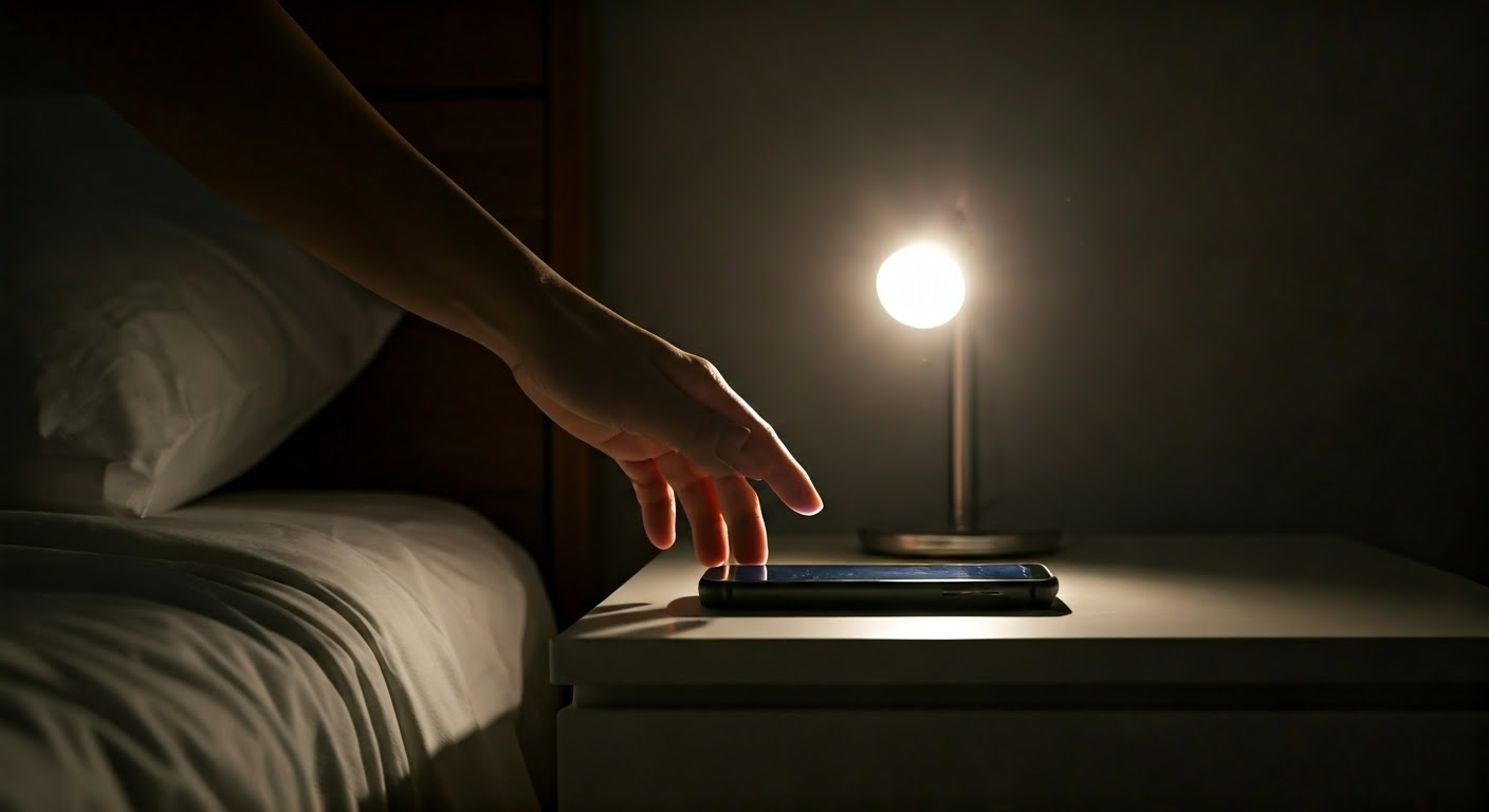 어두운 방 안에서 스마트폰을 내려놓는 손