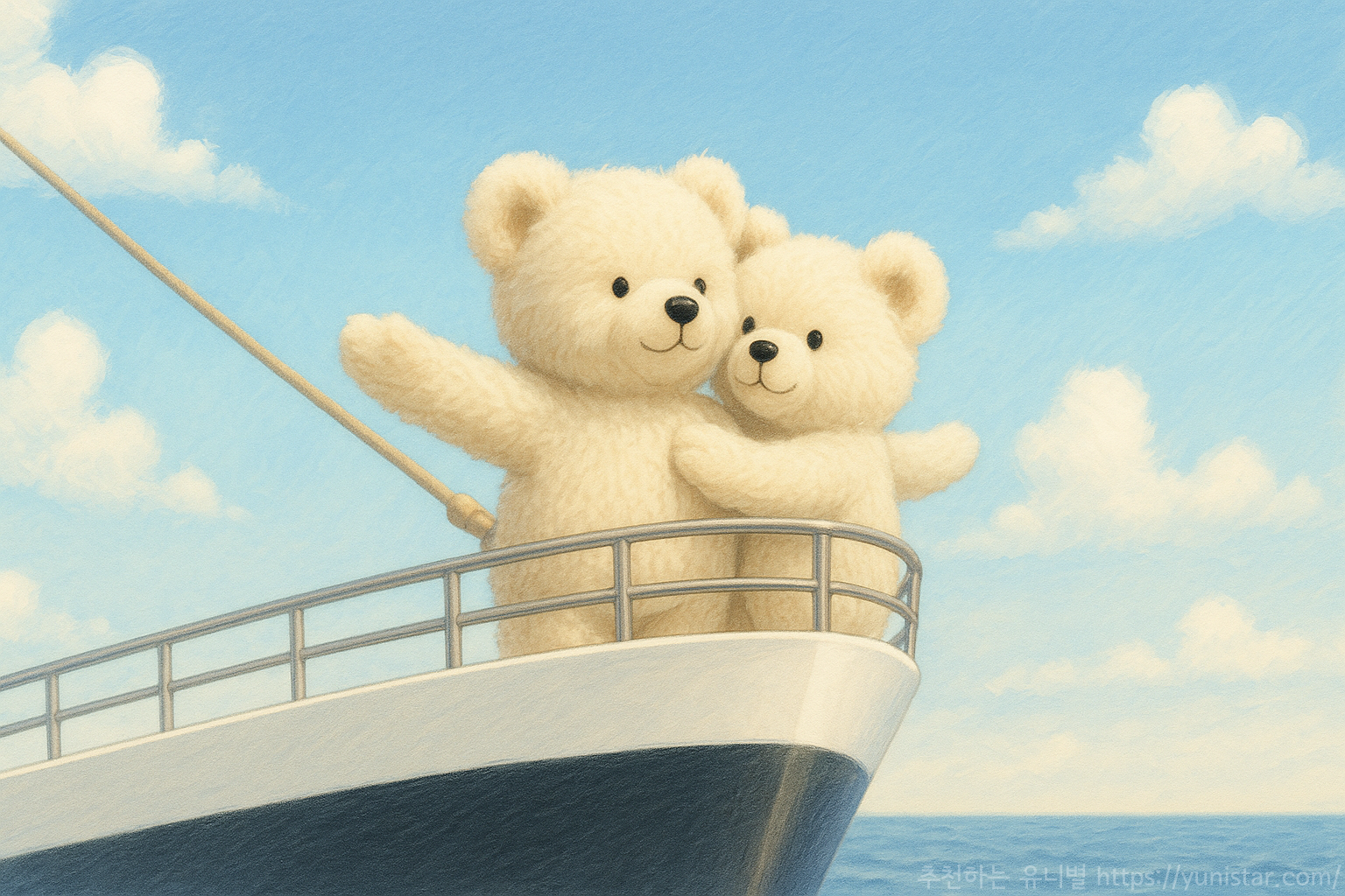 곰돌이 커플이 배위에서 타이타닉 포즈로 서있는 이미지