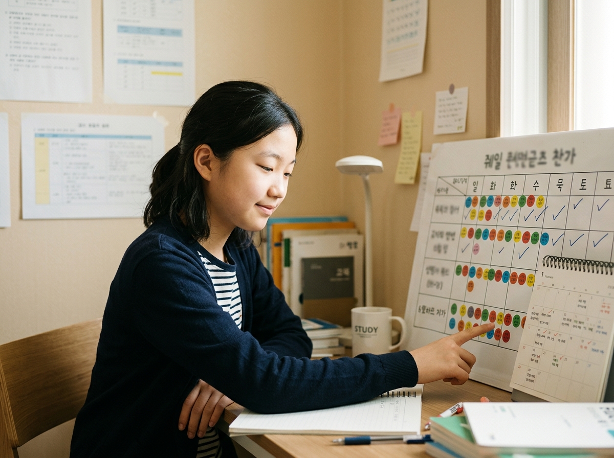 중학생이 주간 학습 진행 상황을 점검하며 달력에 스티커를 붙이는 모습