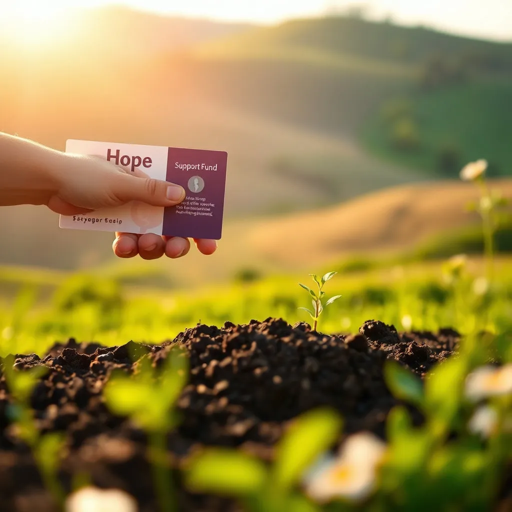 아이의 손이 작은 씨앗을 땅에 심고, 그 옆에 지원금 카드가 놓여있는 모습입니다. 씨앗에서 작은 새싹이 돋아나는 모습으로 성장과 희망을 상징하며, 미래를 향한 긍정적인 투자의 의미를 전달합니다. 배경은 평화로운 전원 풍경이 좋습니다.