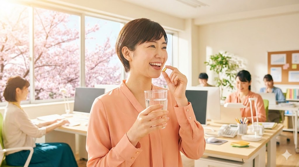 3월 봄날 춘곤증 극복을 위해 영양제를 섭취하며 활력을 되찾는 직장인의 모습