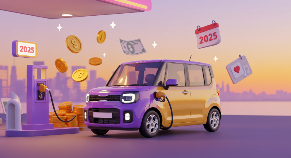 2025년 경차 유류세 환급 혜택을 상징하는 이미지. 경차 주변에 돈과 캘린더가 떠다니며 주유 중인 모습을 보여줍니다.
