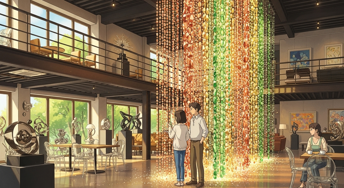 미사장 갤러리 카페의 화려한 크리스탈 커튼 설치 작품 앞에서 감상하는 30대 커플과 2층 구조의 예술적 공간, 지브리 애니메이션 스타일 일러스트