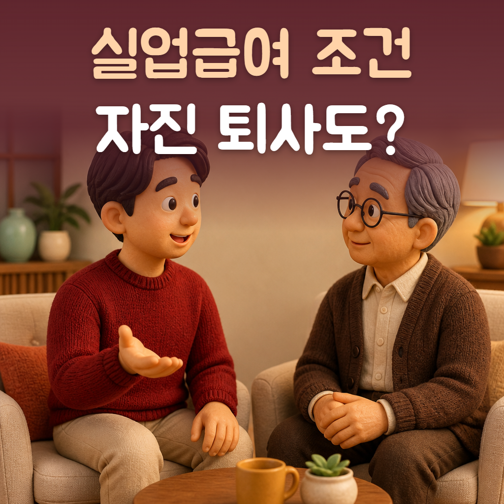 거실에서 30대 아들이 60대 아버지와 마주 앉아 퇴사 고민을 이야기하는 모습