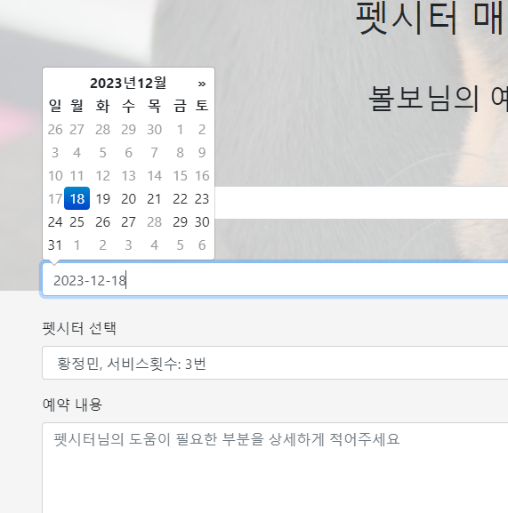 펫시터 datapicker 화면