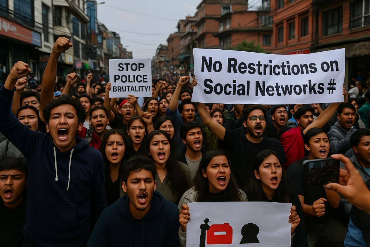 네팔 청년들이 SNS 차단 반대 시위를 외치는 모습