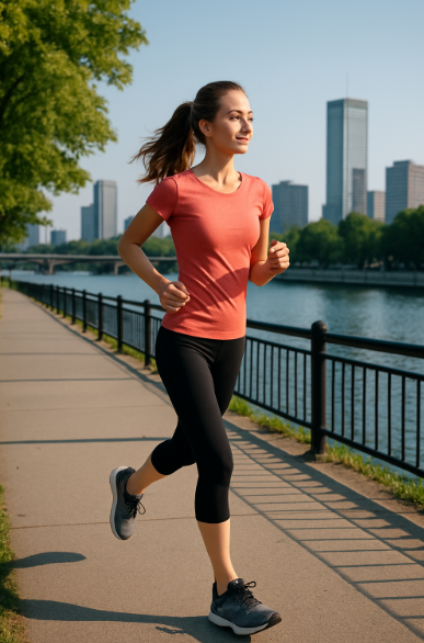 헬시한 도시 배경에서 조깅 중인 슬림한 체형의 여성 이미지