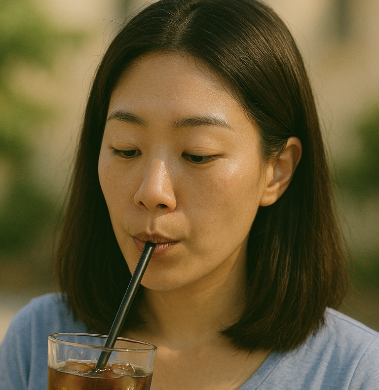 아이스아메리카노 빨대로 먹는 모습