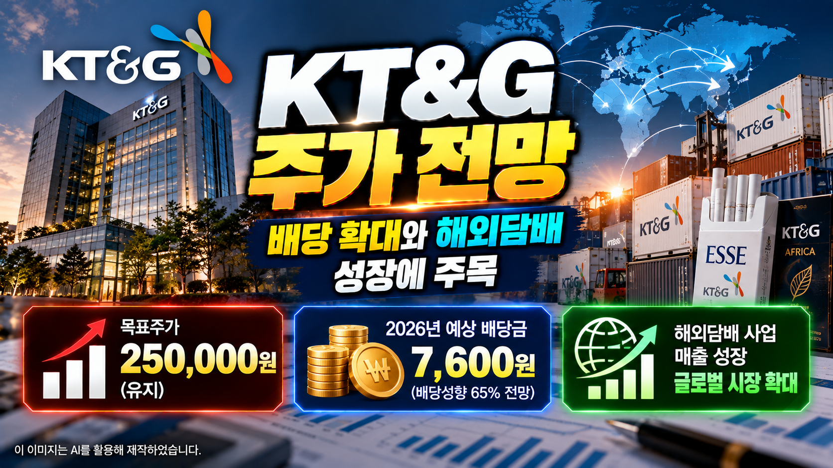 KT&amp;G(033780) 주가 전망 및 기업분석, 키움증권 목표주가 250,000원 유지, 2026년 예상 주당배당금 7,600원과 배당성향 65% 전망, 해외 담배 사업 매출 성장 및 글로벌 시장 확대 기대
