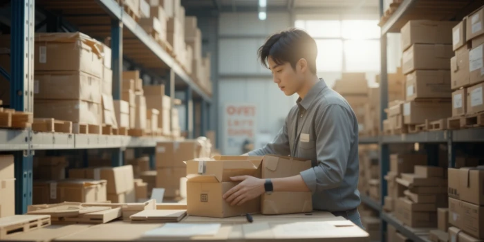 창고에서 택배 정리 중인 소상공인