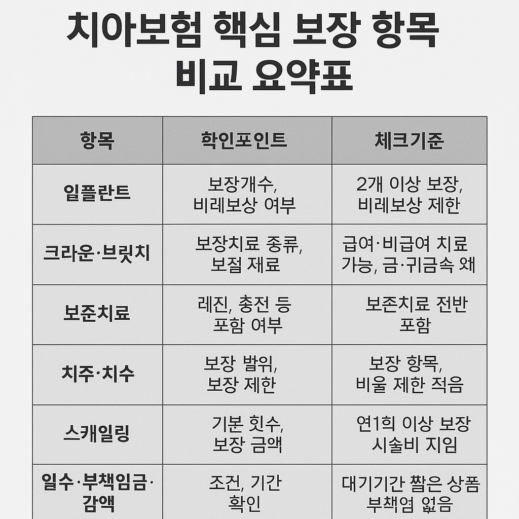 치아보험 핵심 보장 항목 비교 요약표
