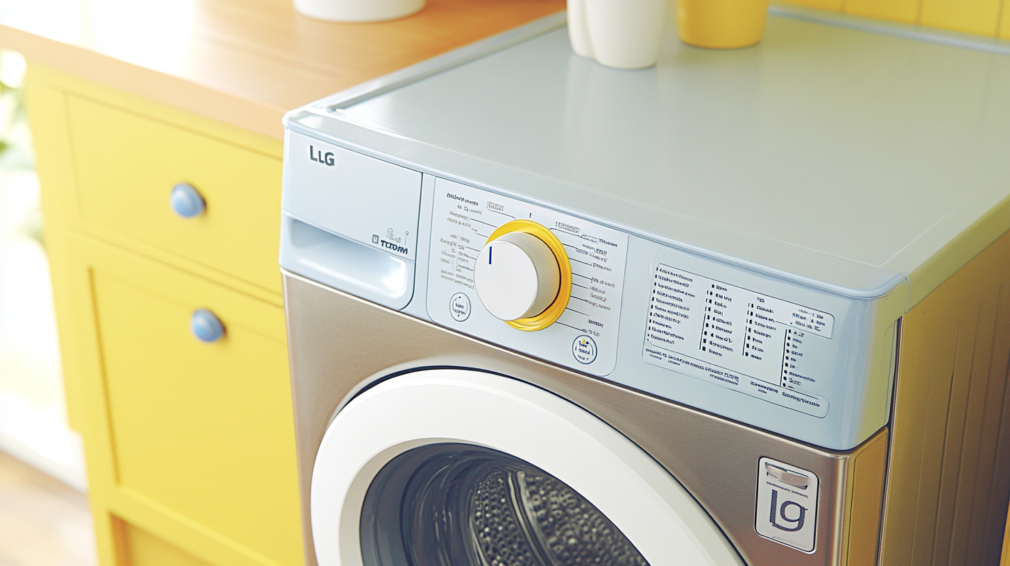 매끄러운 금속 마감의 주방 환경에 놓인 모던한 LG 트롬 세탁기로, 매끄러운 외관과 혁신적 제어장치를 강조함.
