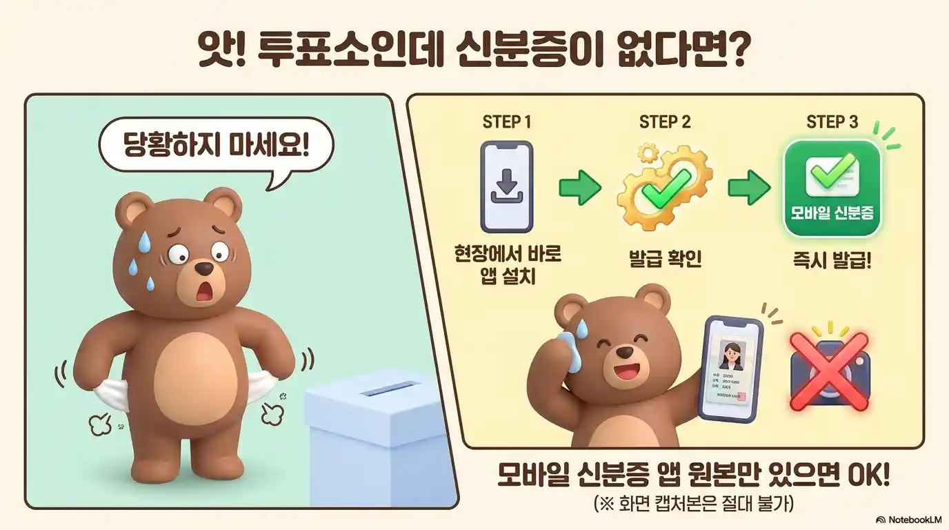 사전투표소에서 신분증 없을 때 모바일 신분증 앱 즉시 발급 3단계 - 화면 캡처본 불가 앱 원본만 인정