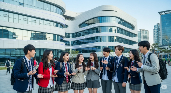 미래적인 학교 건물 앞에서 신나게 이야기하는 학생들