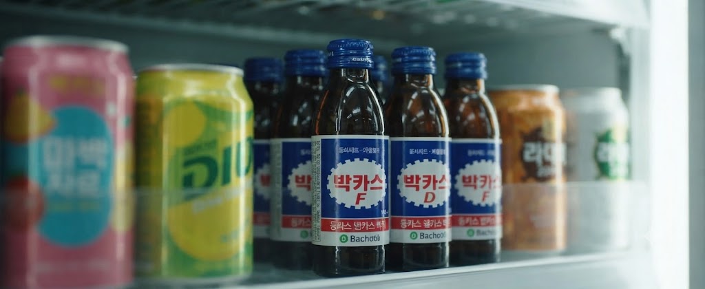 편의점 냉장고 쇼케이스, 수십 종의 현대적 음료들 사이에서 60년 역사를 지닌 '갈색 유리병 박카스' 실물이 묵직한 존재감을 발산하고 있다. 의약외품 파란 뚜껑의 신뢰감이 돋보인다.