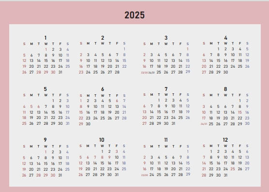 2025 달력 6가지 색상 무료 다운로드2