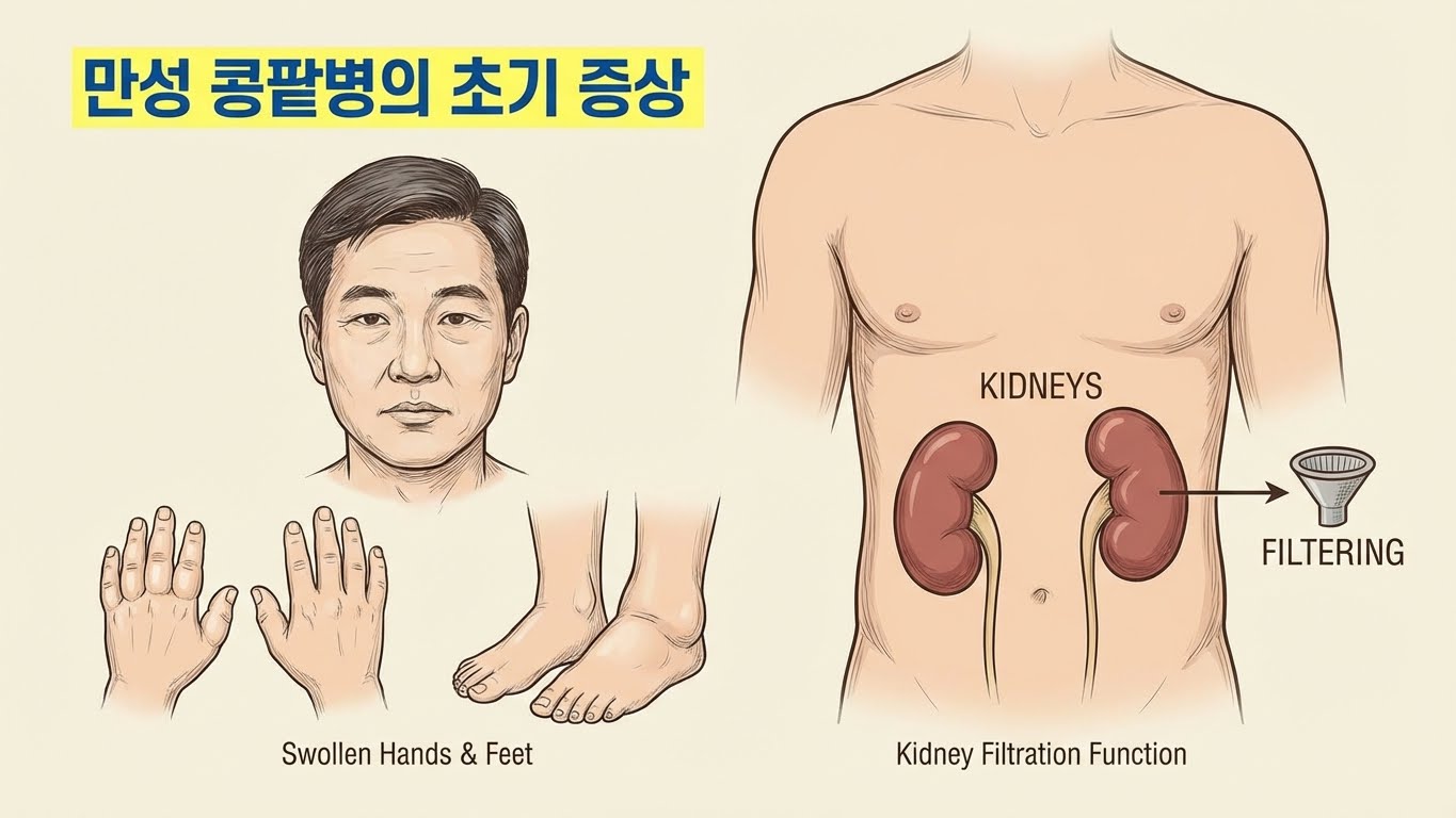 신장(콩팥)의 해부학적 위치와 역할(필터링)을 보여주는 사진