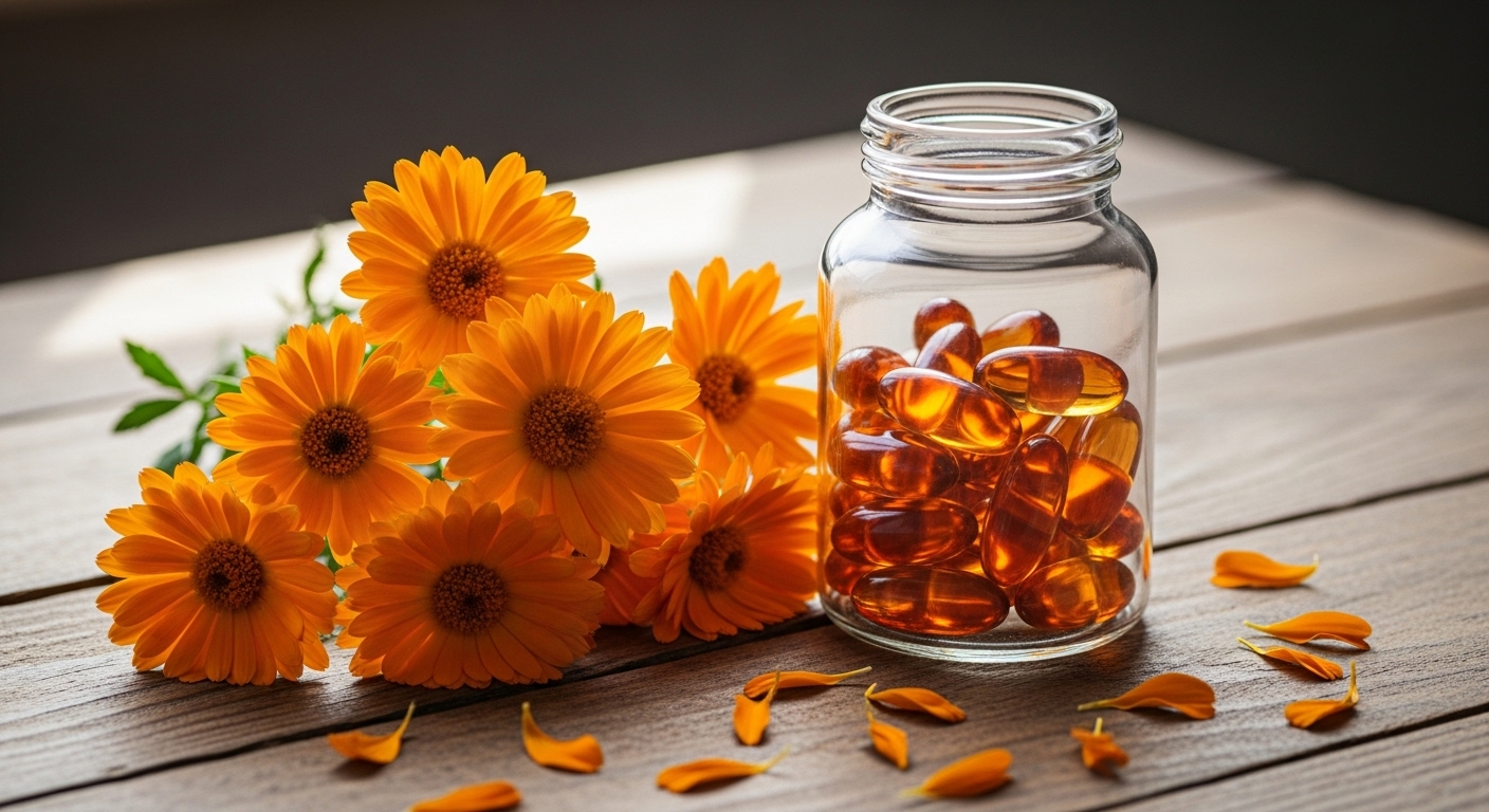 마리골드 꽃과 루테인 캡슐