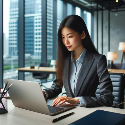노트북을 하고 있는 동양계 직장인 여성