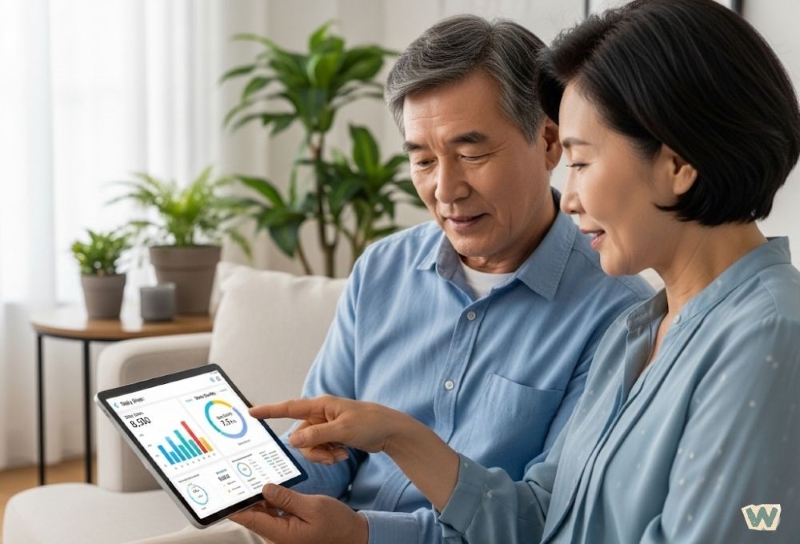 중년 부부가 거실에서 태블릿으로 건강보험료 절약 방법과 보험료 할인 혜택 정보를 확인하고 있는 모습 via Gemini