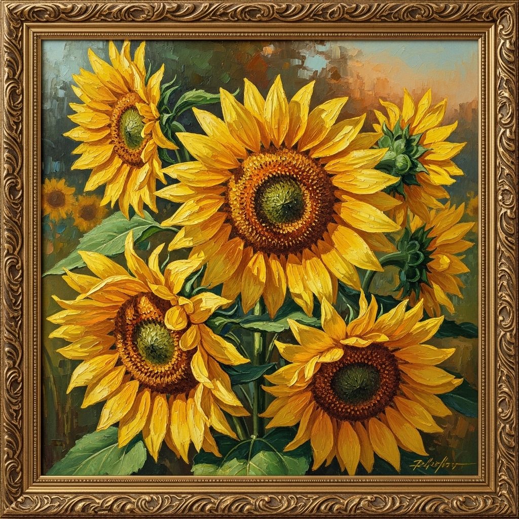 생기 넘치는 해바라기가 그려진 유화 그림 액자, 현관에 걸어 재물운을 높이는 인테리어 소품
