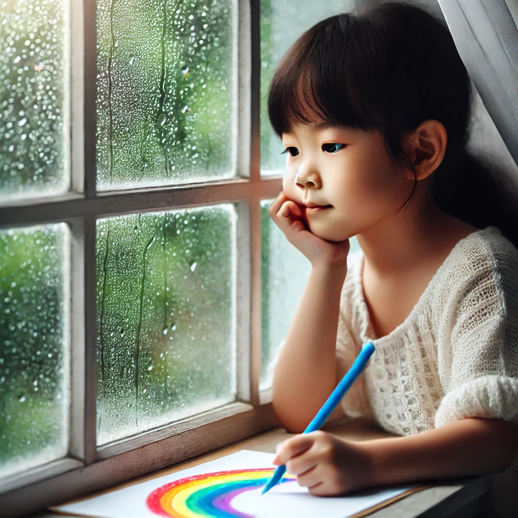 살 정도 된 한국 아이가 비 오는 날 창가에 앉아 종이에 무지개를 그리며 조용하고 사려 깊은 표정을 짓고 있는 모습, 창문에는 빗방울이 맺혀 있음