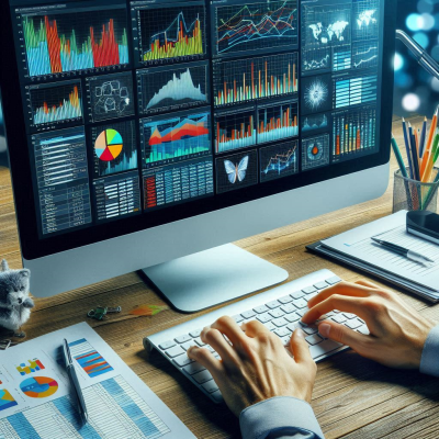 여러 개의 데이터 분석 차트를 다루는 손의 이미지입니다. 화면에 다양한 그래프와 데이터 시트가 표시되어 있습니다.