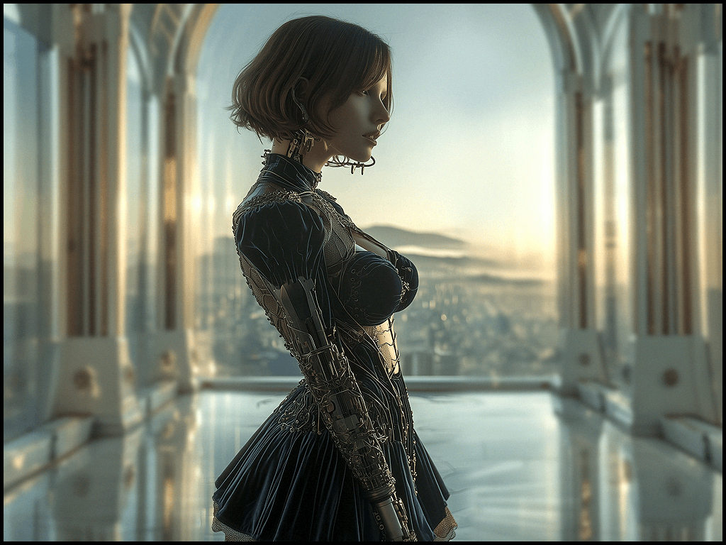 스타일 믹스, 클래식 (Classic) + 모던 어반 SF (Modern Urban Sci-Fi) 세계관의 여성형 안드로이드 표현 이미지 예시