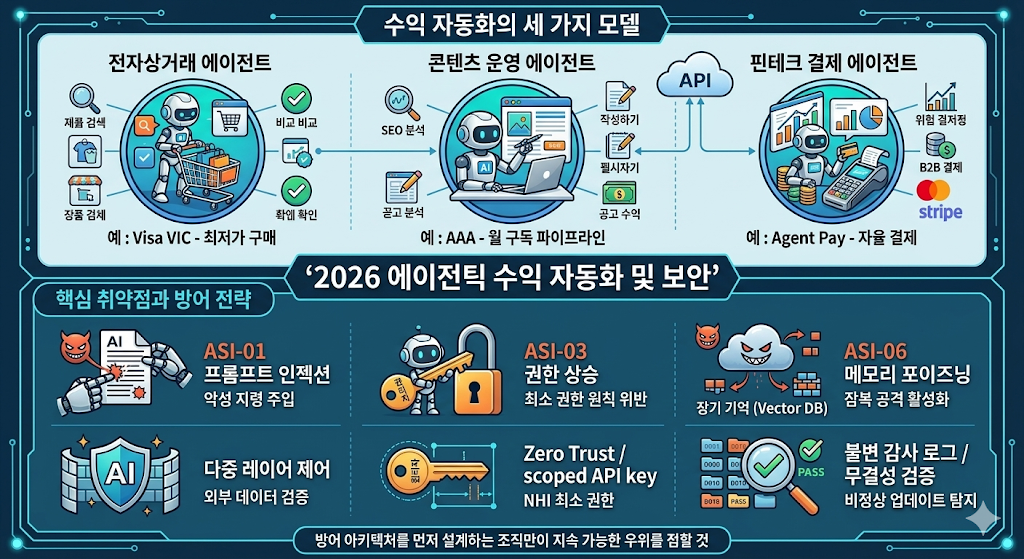 2026 에이전틱 수익 자동화 및 보안 인포그래픽은 자율 AI 에이전트의 수익 모델과 OWASP 기반 보안 위협 및 방어 전략을 설명합니다.
(This infographic illustrates 2026 Agentic Revenue Automation models alongside security vulnerabilities and defense strategies based on OWASP.)