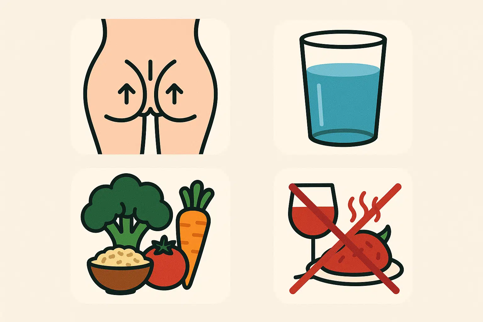 케겔운동을 상징하는 아이콘(항문 수축·이완), 물 한 잔, 채소·과일·잡곡 음식, 술·매운 음식 금지