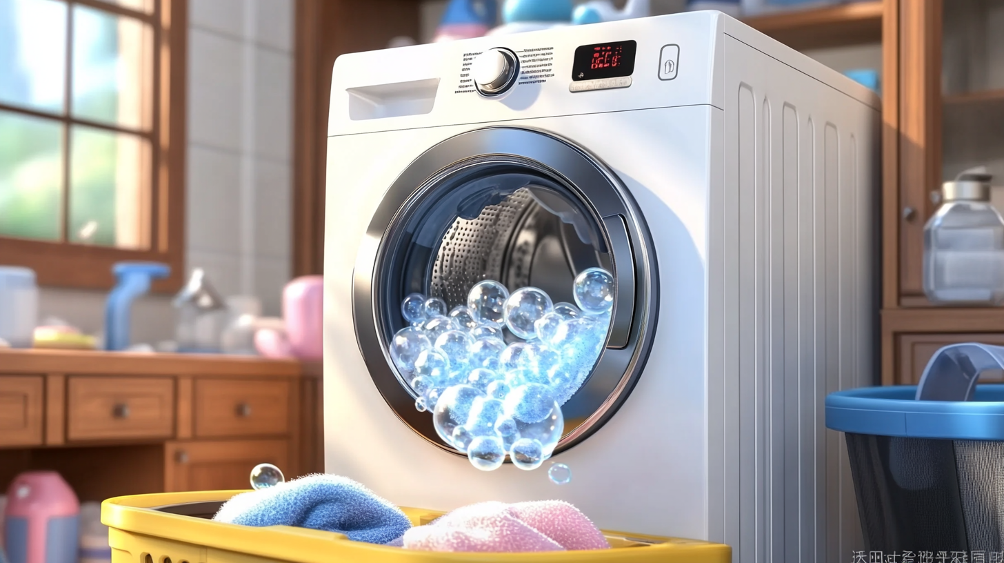 비비드한 비누 거품으로 효율성과 에너지 절약을 상징하는 에코버블 기술이 적용된 삼성 세탁기