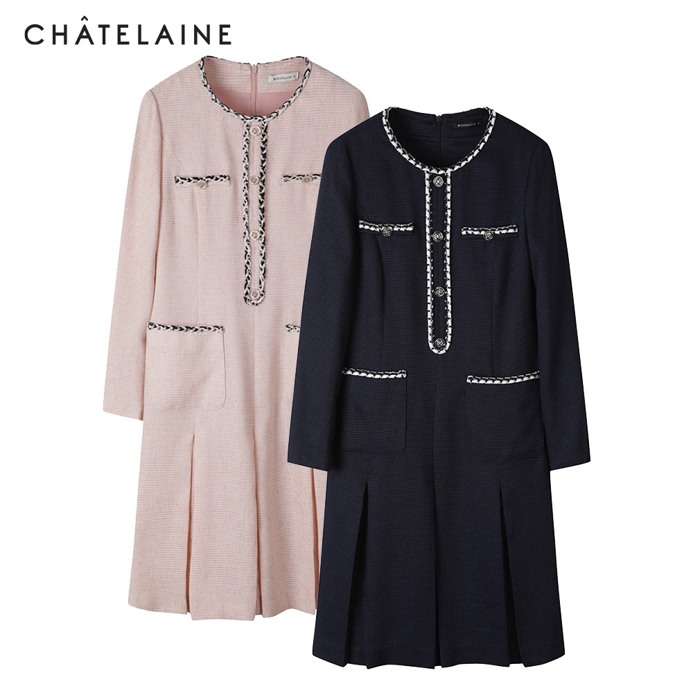 샤트렌 TAG가 357 000원 22S 카라 리스 뒷 지퍼 트위드원피스 HCBSOP102