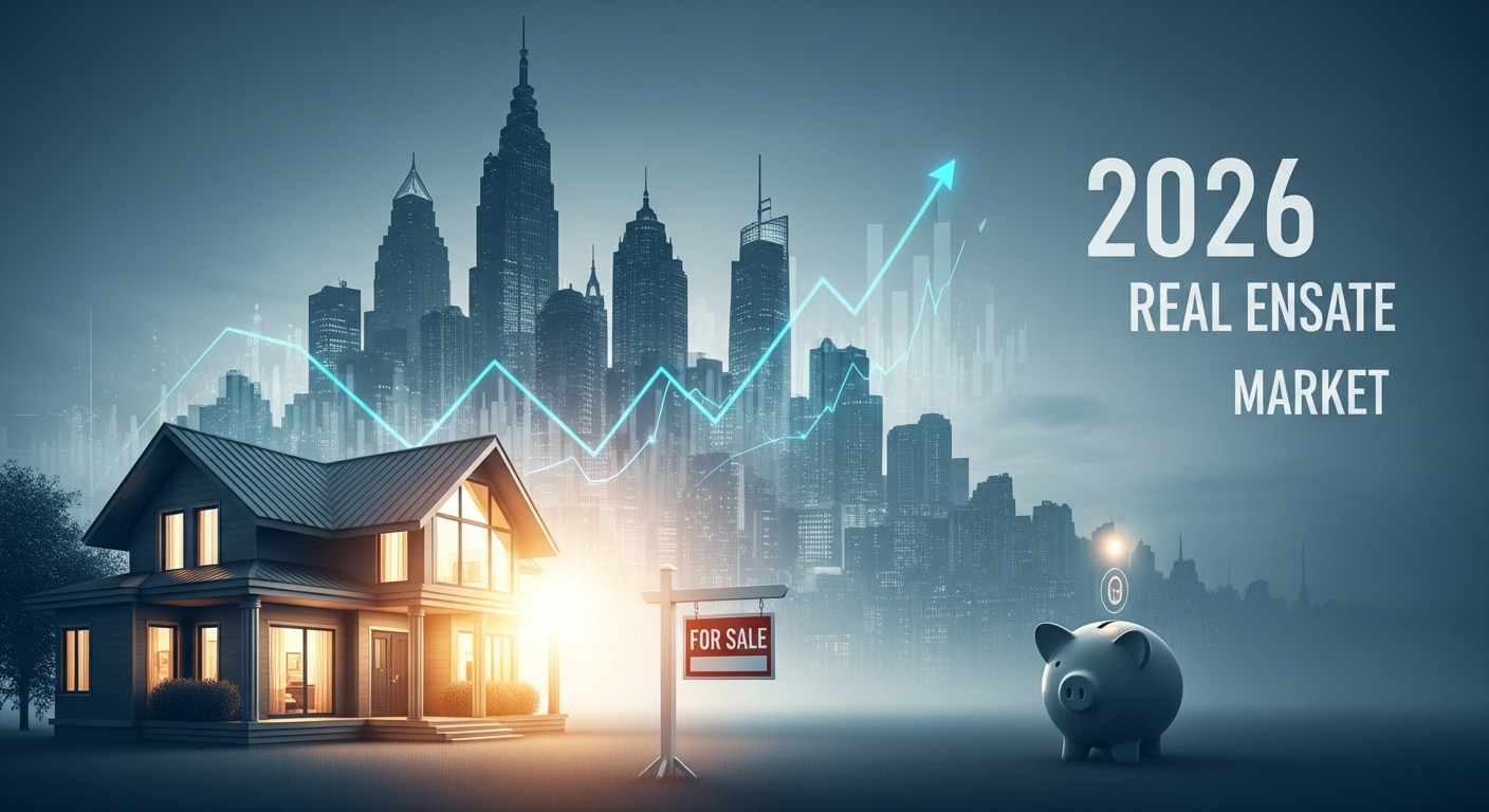 2026년 부동산 시장 전망을 나타내는 이미지. 금리 인하 기대감과 함께 주택 구매를 고민하는 사람들의 심리를 표현합니다. 밝은 빛이 드는 현대적인 주택과 함께 뒤편으로 복잡한 도시 스카이라인이 보입니다.