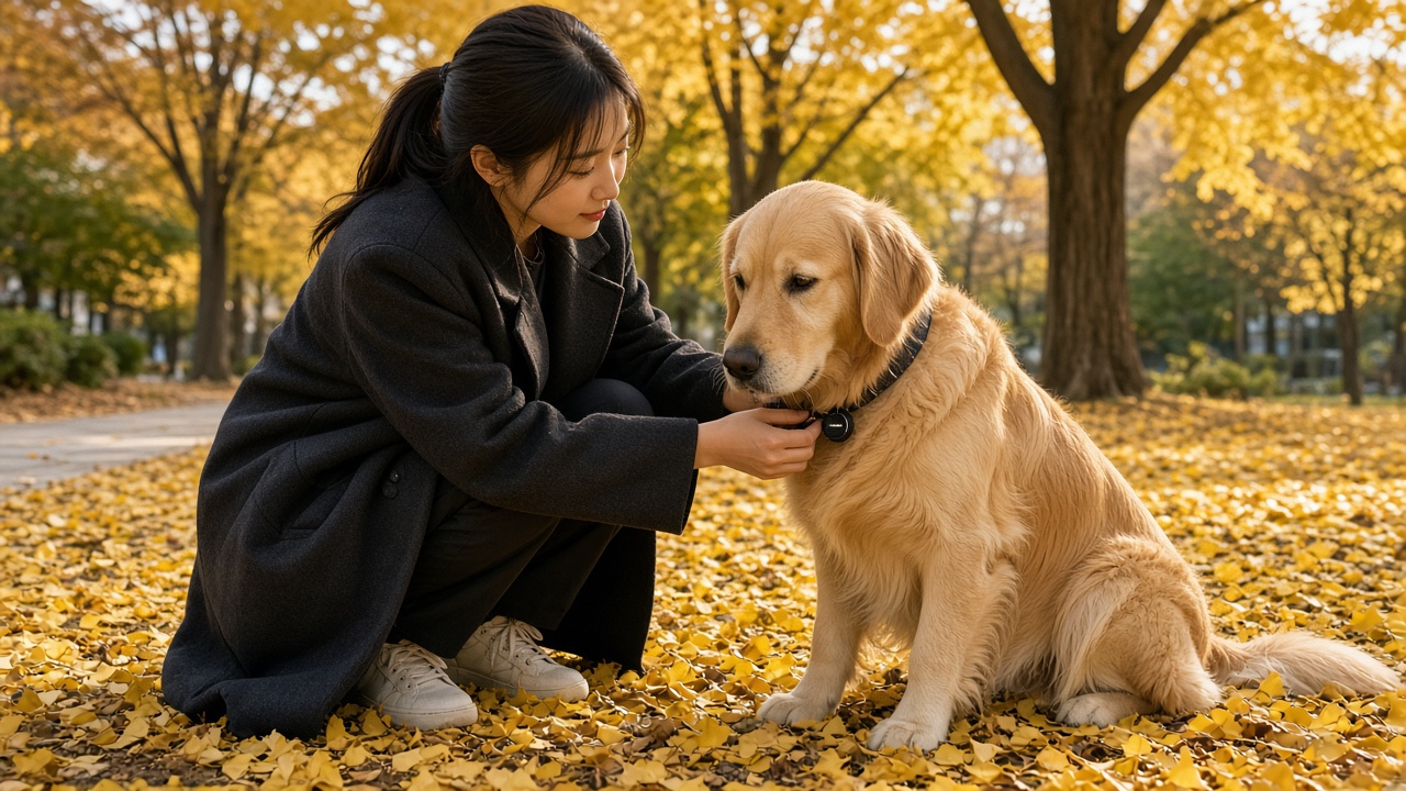 노란 은행잎이 깔린 가을 공원에서 한국인 여성이 골든 리트리버 목줄에 검은색 태그를 다는 모습