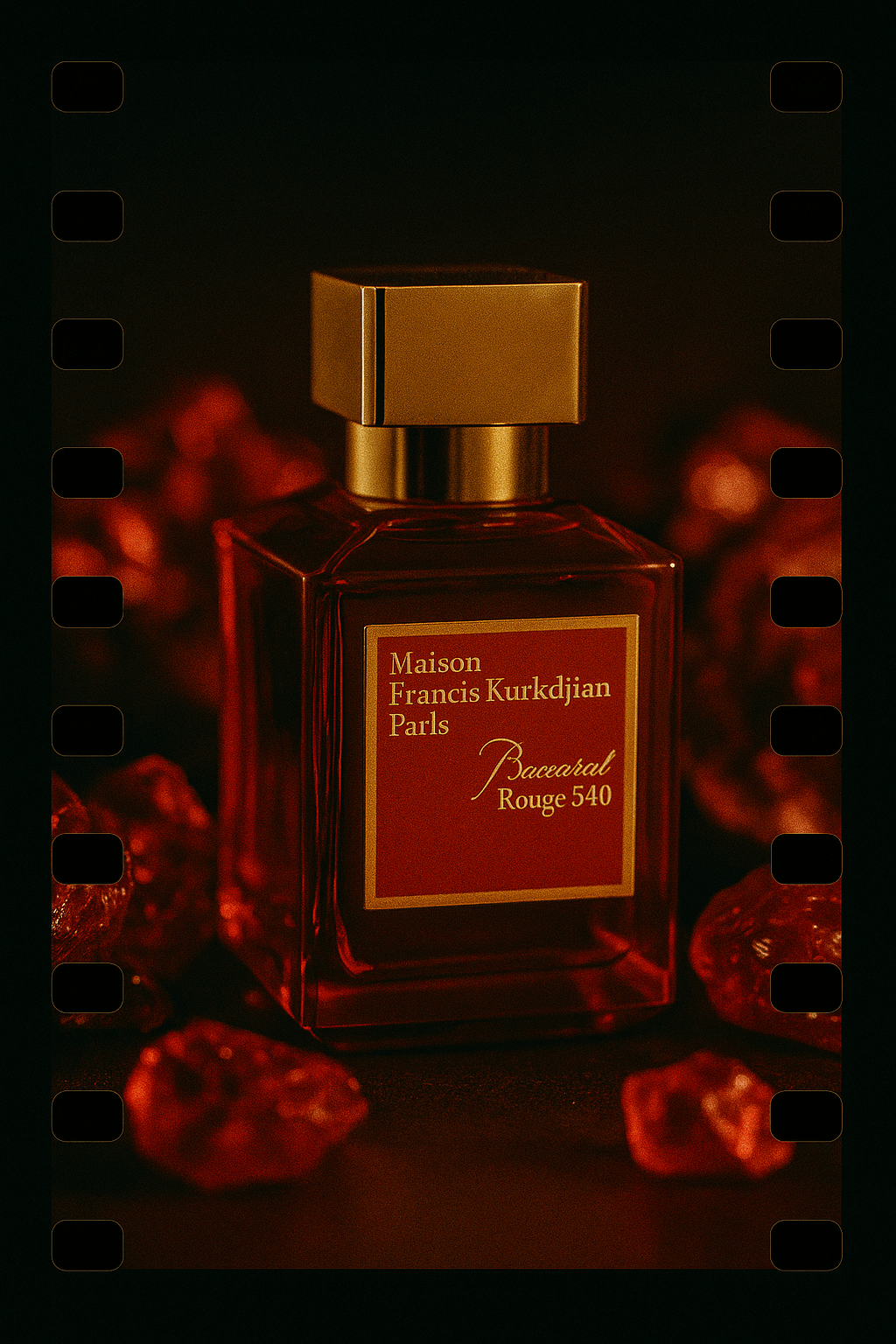 바카라 루즈 540 향수병 – 메종 프란시스 커정, 35mm 필름 프레임 속 붉은 크리스털 보케 연출