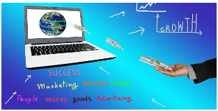 "노트북에서 현금이 나오는 이미지를 중심으로 마케팅, 수익, 광고, 성장 등의 키워드가 적힌 온라인 부업 관련 시각 자료"