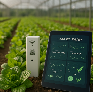 스마트팜 태블릿이 온도, 습도, 조도, pH를 실시간으로 표시하는 모습