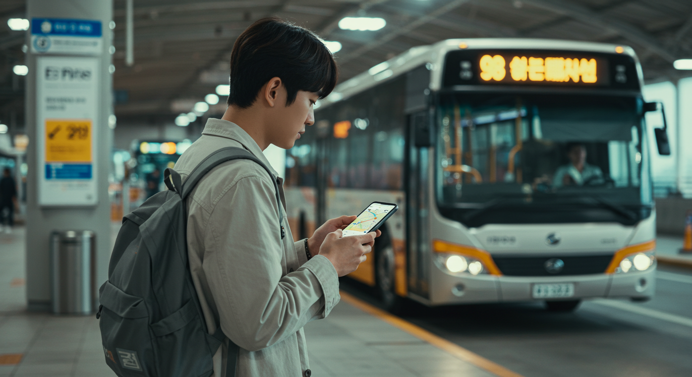 서울 버스 터미널에서 양양행 버스를 기다리는 한국인 여행객